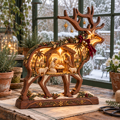Bethlehem Glow™ Lighted Wooden Reindeer Nativity – Christmas Tabletop Decor