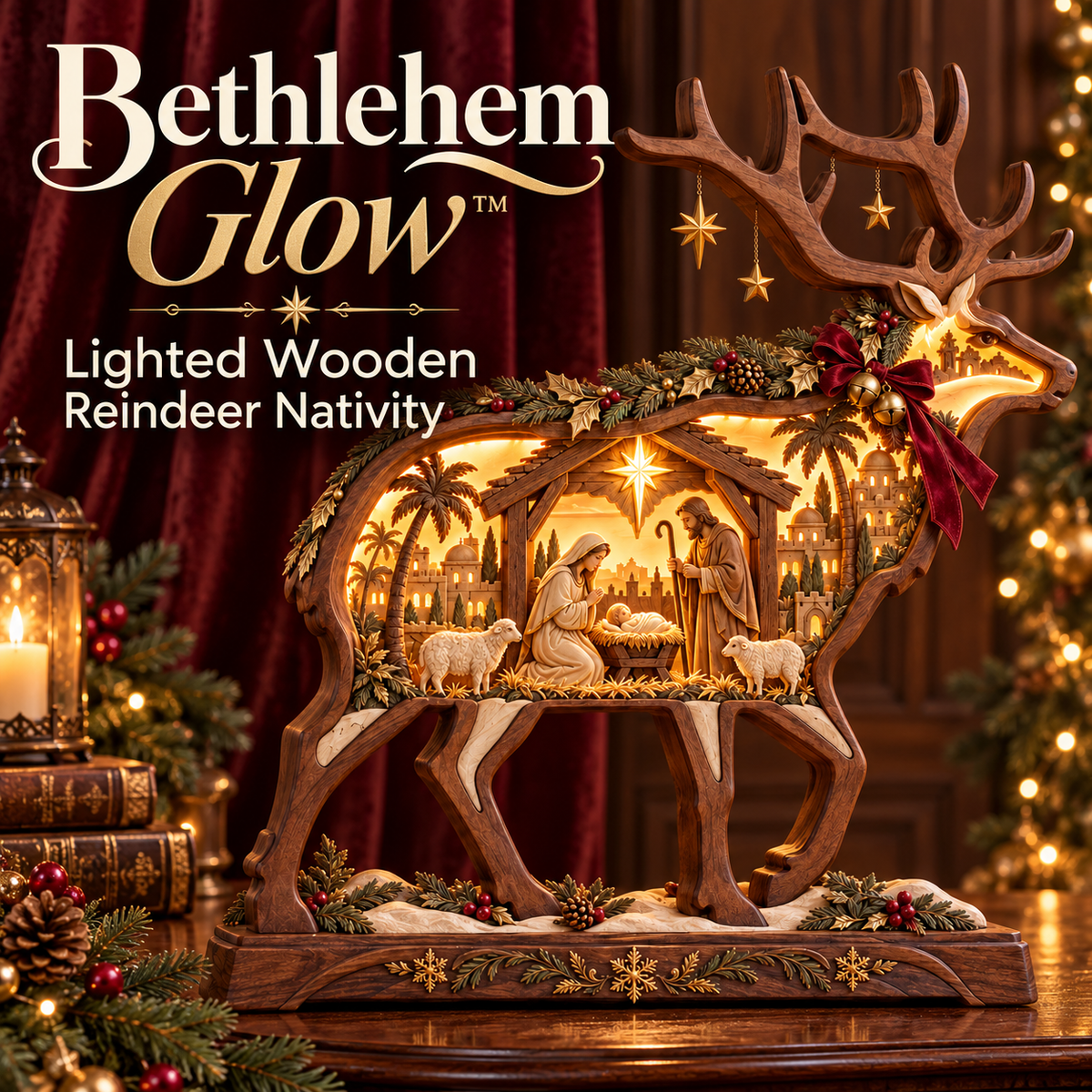 Bethlehem Glow™ Lighted Wooden Reindeer Nativity – Christmas Tabletop Decor