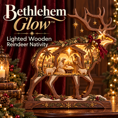 Bethlehem Glow™ Lighted Wooden Reindeer Nativity – Christmas Tabletop Decor