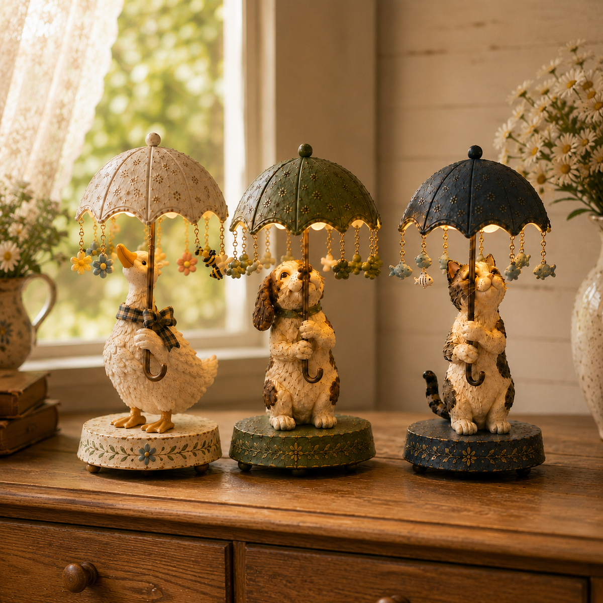 ☂️🐾 Vintage drehbare Schirm-Tierlampe