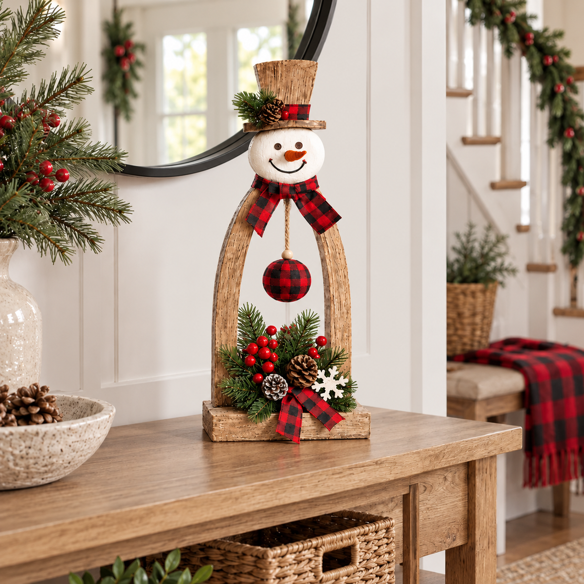 🔥😍Farmhouse Wooden Snowman Christmas Decor – Rustic Tabletop Figurines with Plaid Details