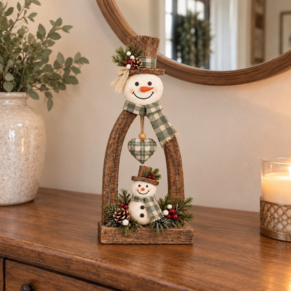 🔥😍Farmhouse Wooden Snowman Christmas Decor – Rustic Tabletop Figurines with Plaid Details