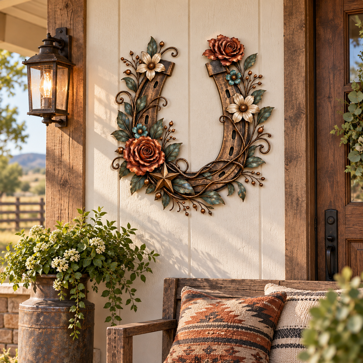 Western Horseshoe Floral Metal Wall Decor