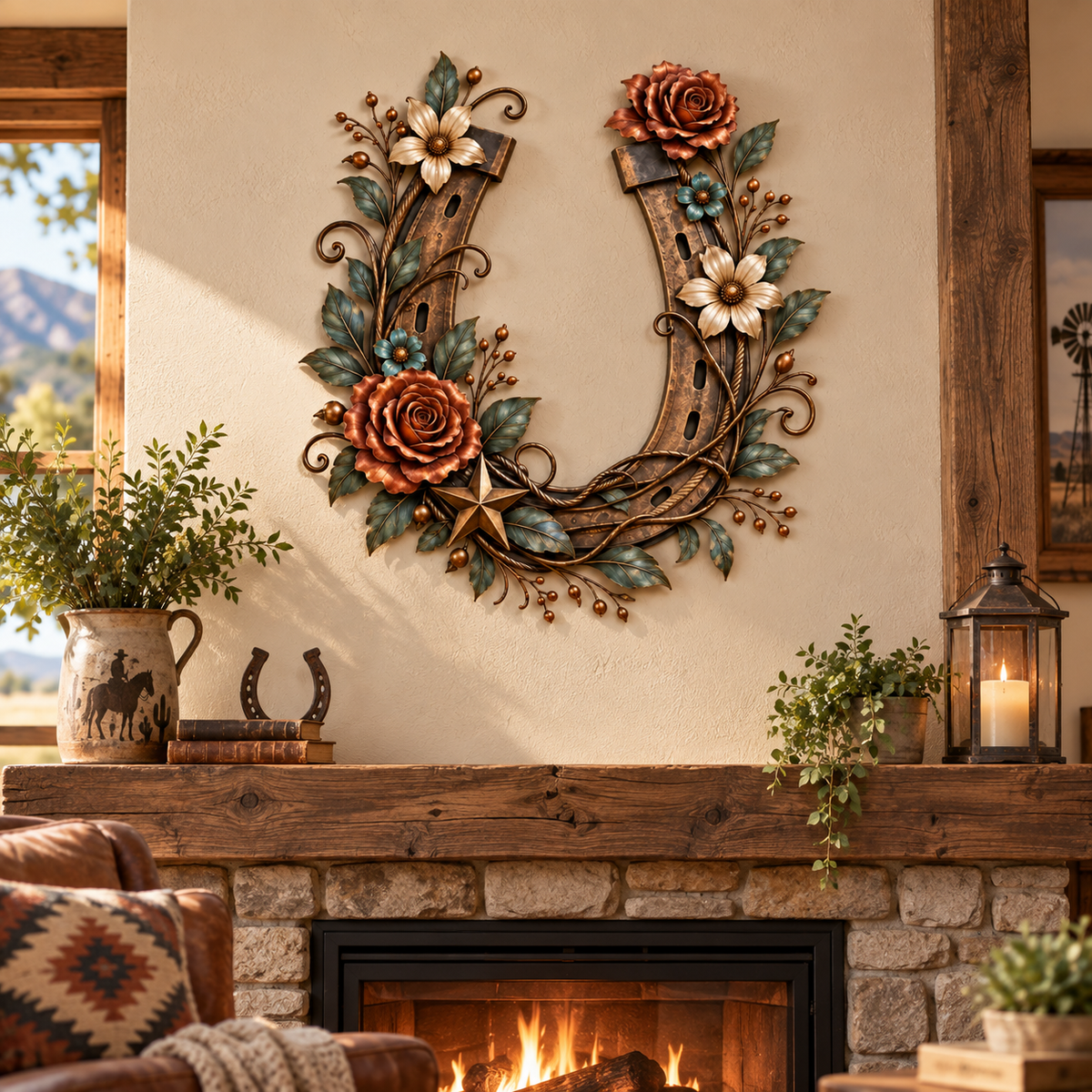 Western Horseshoe Floral Metal Wall Decor