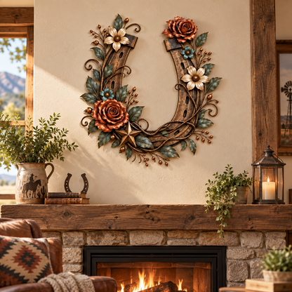 Western Horseshoe Floral Metal Wall Decor