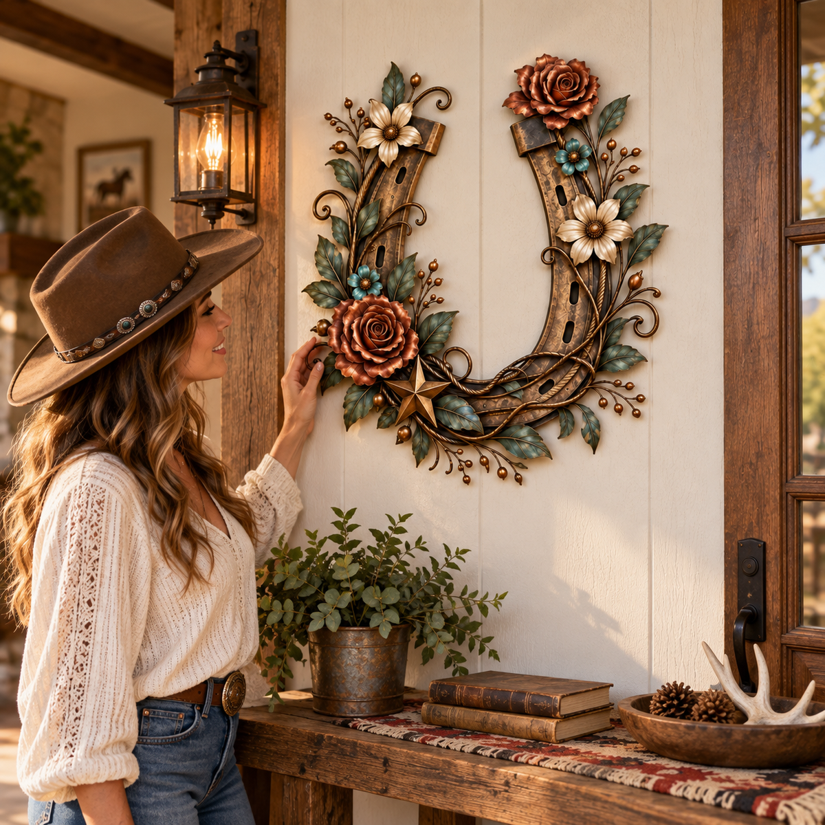 Western Horseshoe Floral Metal Wall Decor