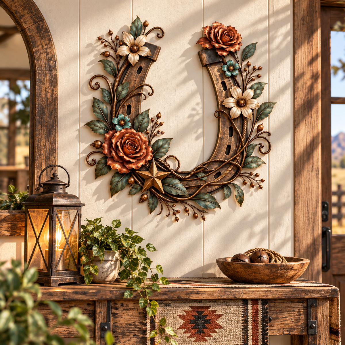 Western Horseshoe Floral Metal Wall Decor
