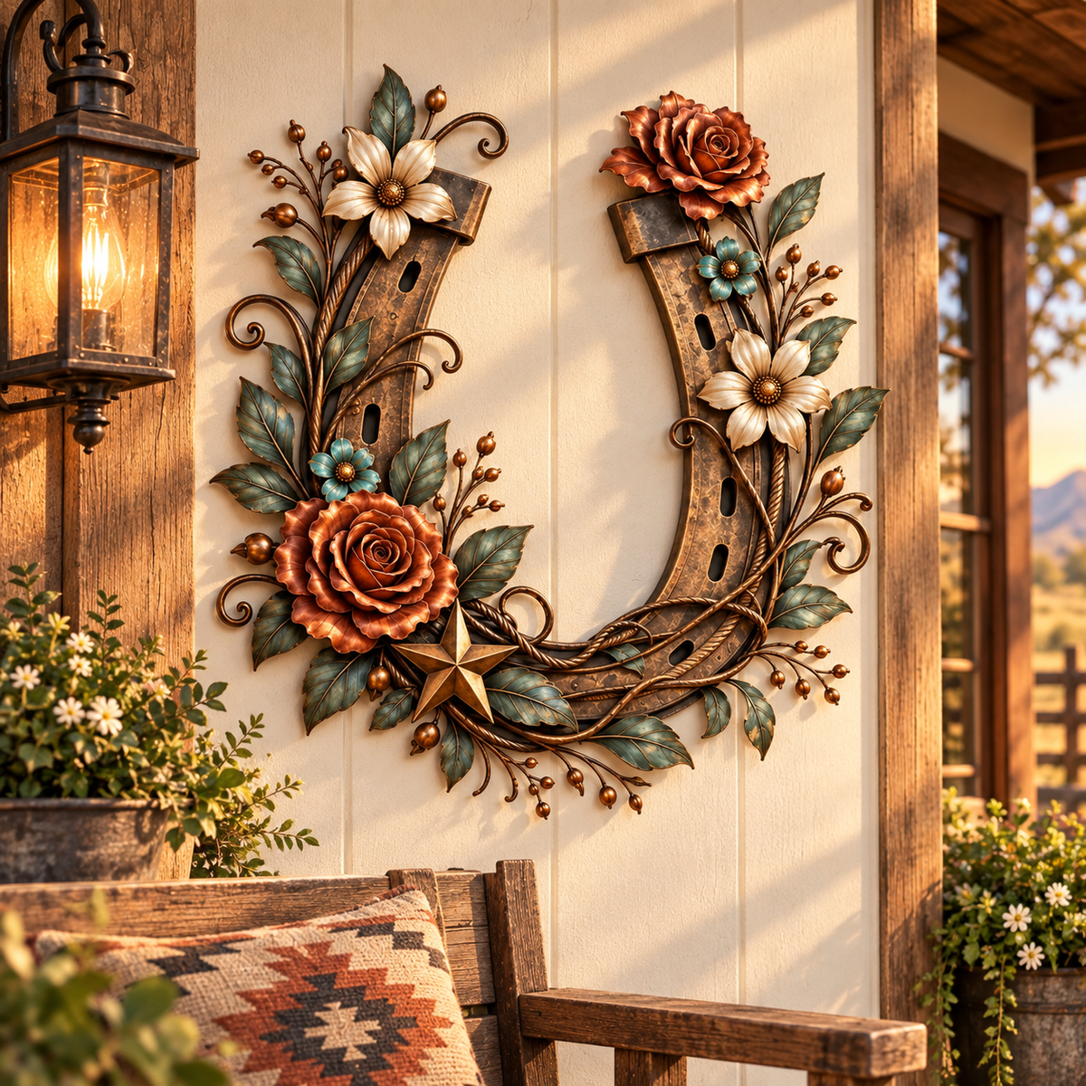 Floral horseshoe hanging beside a welcoming home