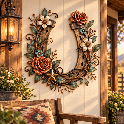 Western Horseshoe Floral Metal Wall Decor