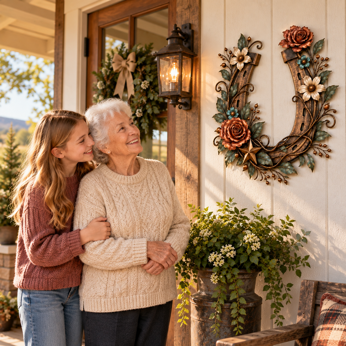 Grandmother and granddaughter beside horseshoe decor