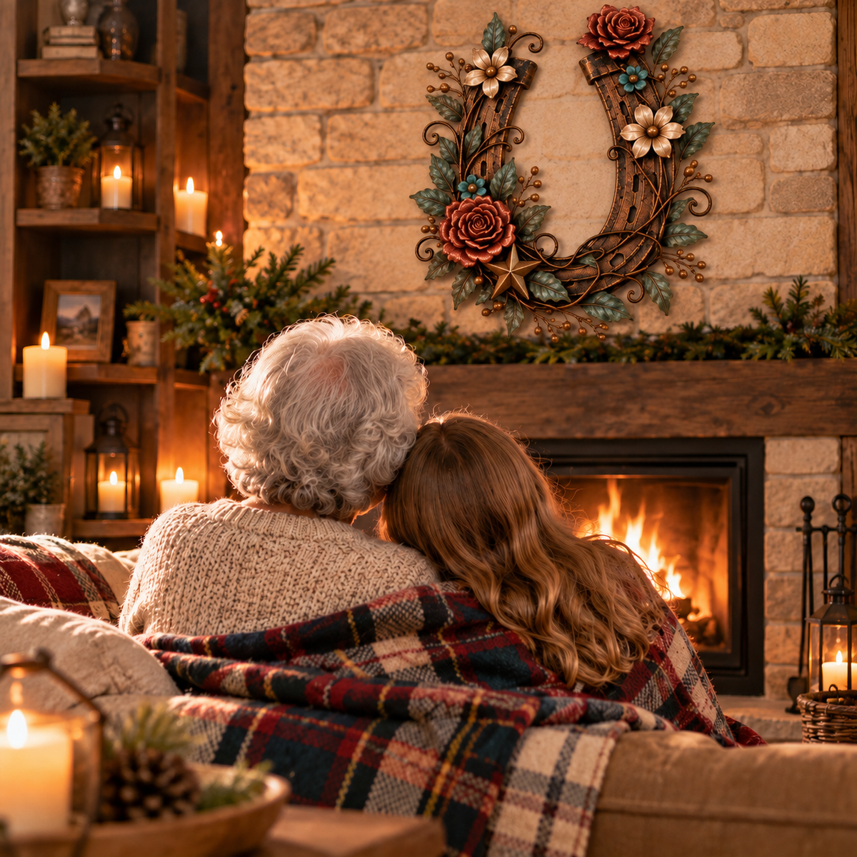 Grandmother and granddaughter sitting beside fireplace