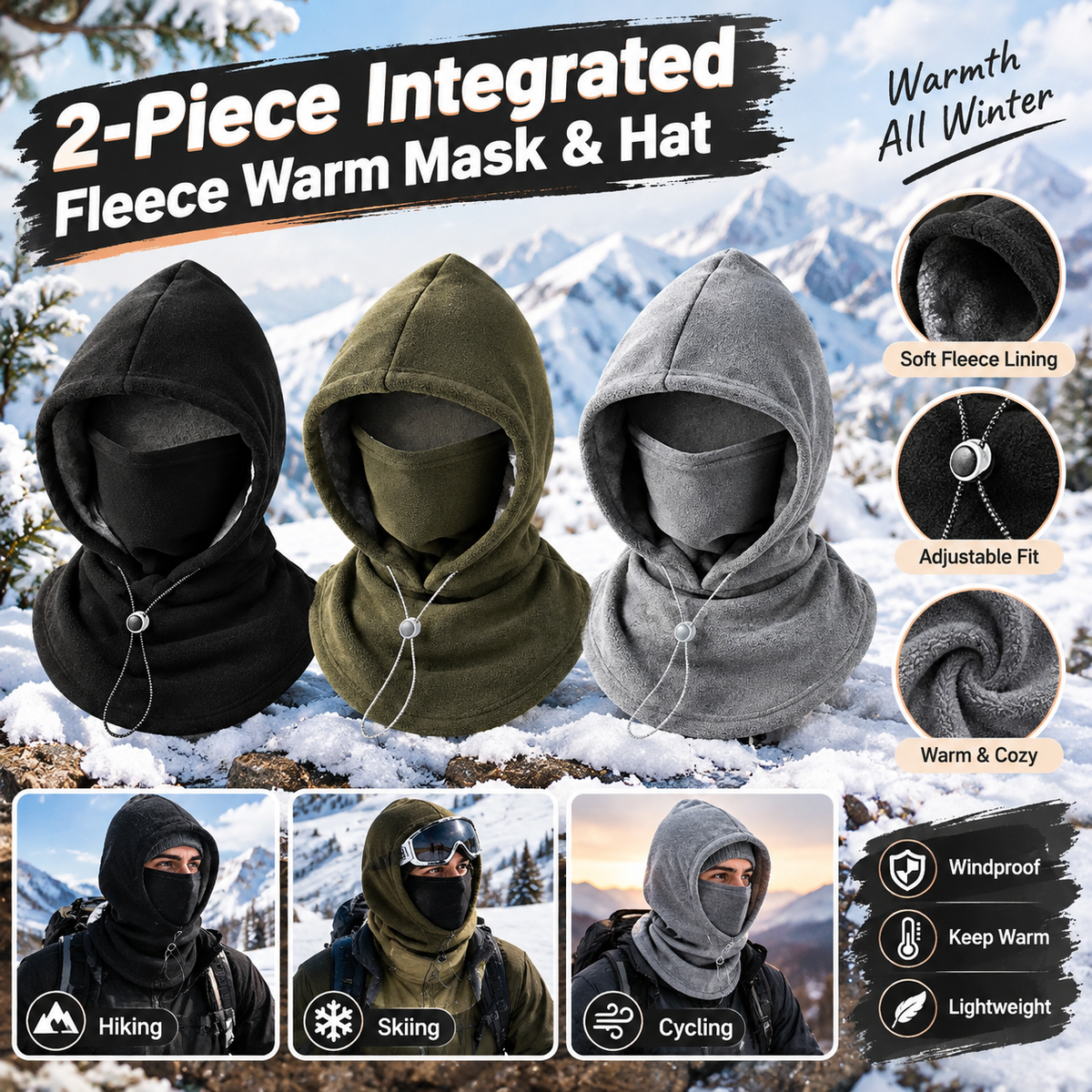 2-piece integrated flannel warm face mask and hat