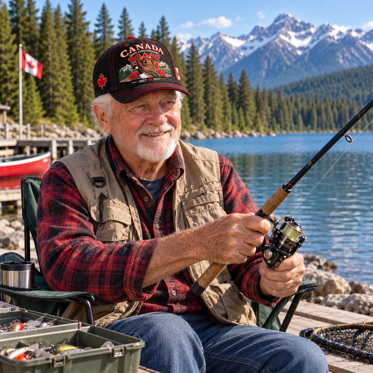 Older Canadian man fishing while wearing Canada anniversary cap