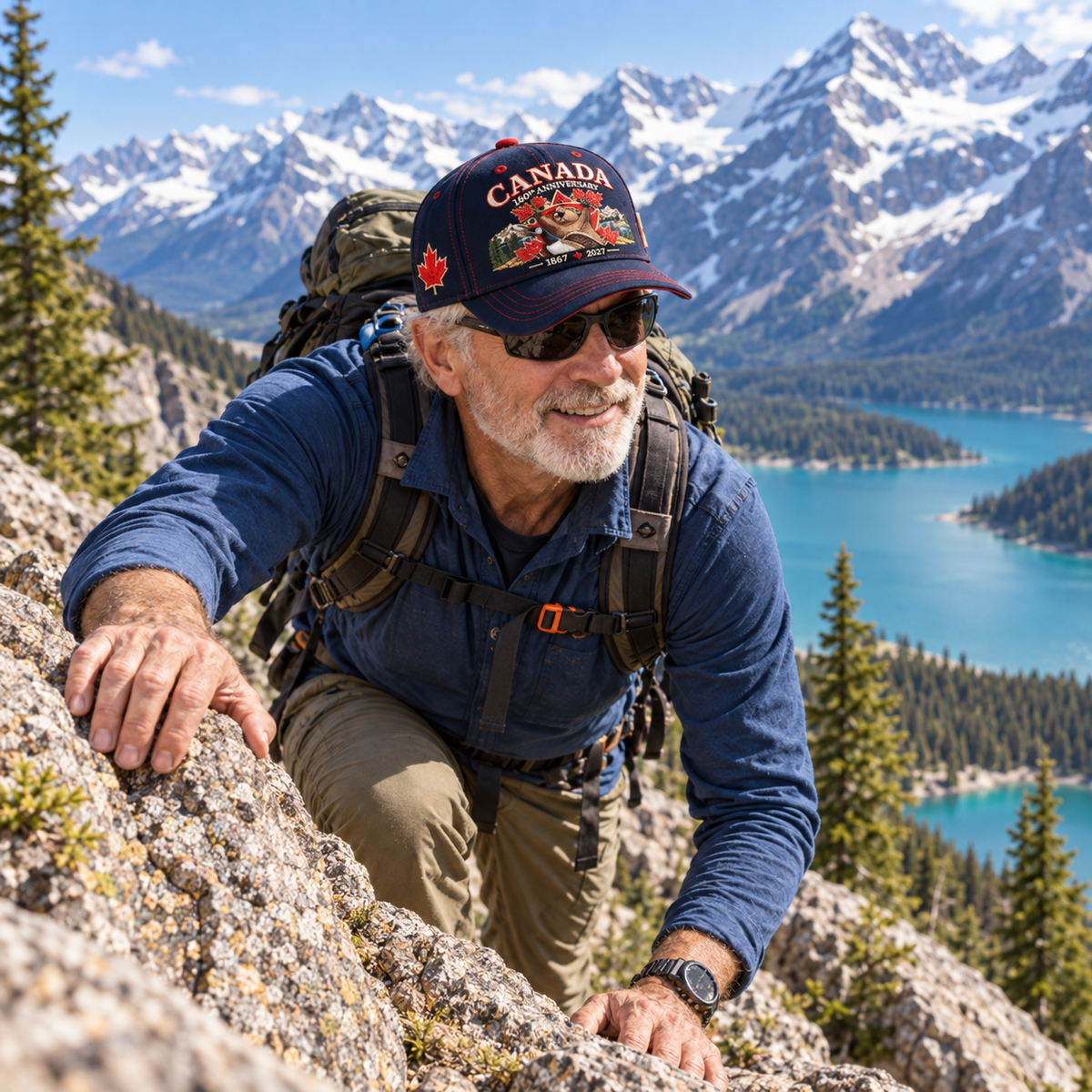 Older Canadian man hiking and climbing in heritage cap
