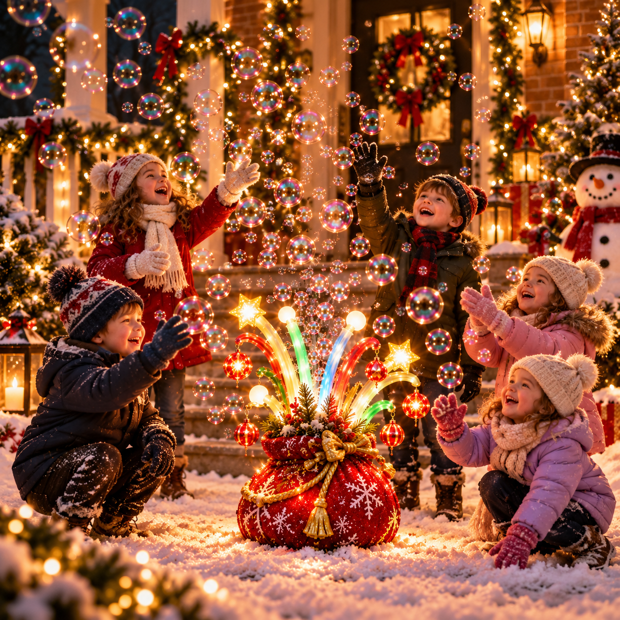 Children gathering around the Christmas bubble machine and enjoying bubbles together
