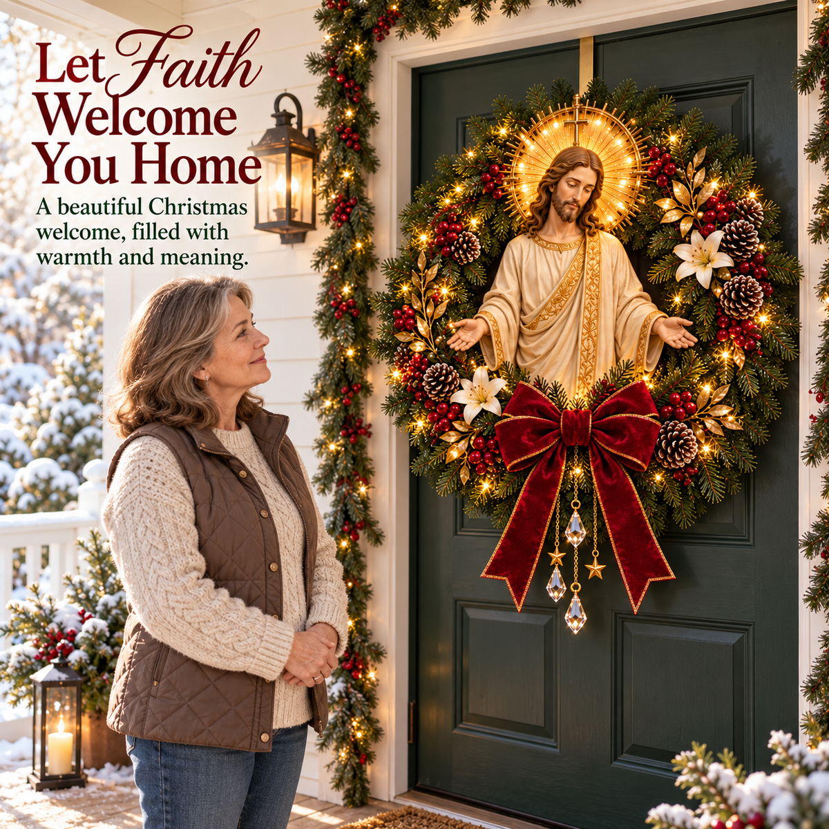 ✝️ Pre-Lit Jesus Christmas Wreath | Warm LED Lights, Golden Halo & Elegant Lilies 🎄