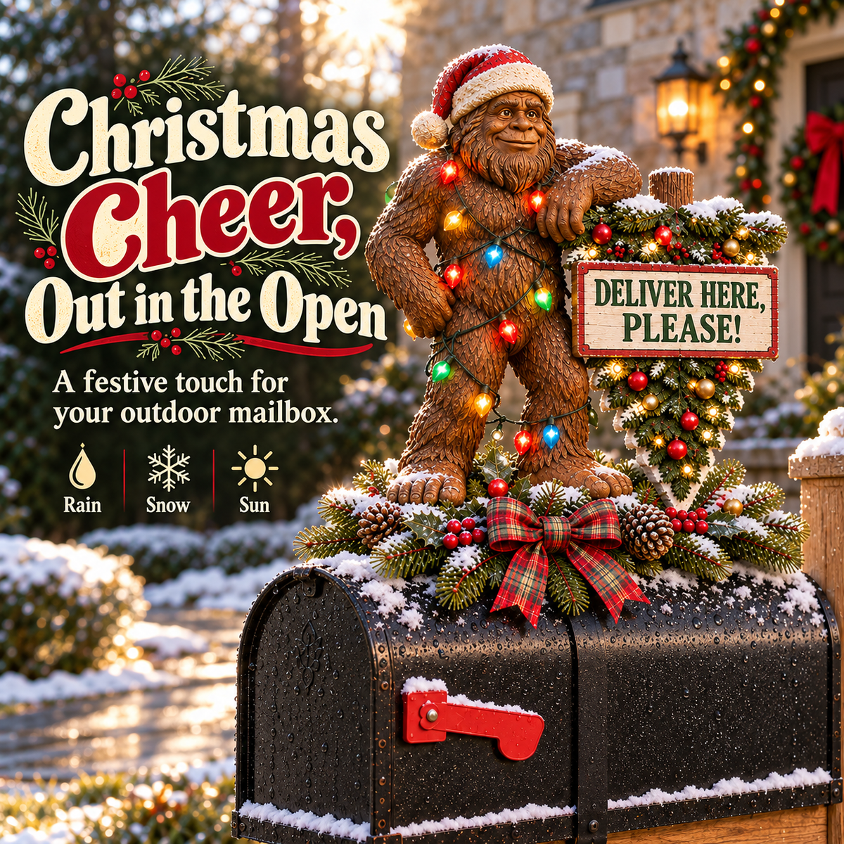 🎄👣 Bigfoot’s Special Delivery – Lighted Christmas Mailbox Topper with Festive Greenery 📫