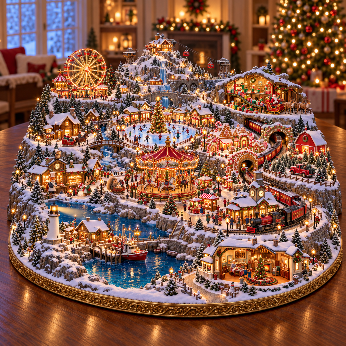 🎄 Christmas Wonder Valley – Lighted Mountain Village with Carousel & Train