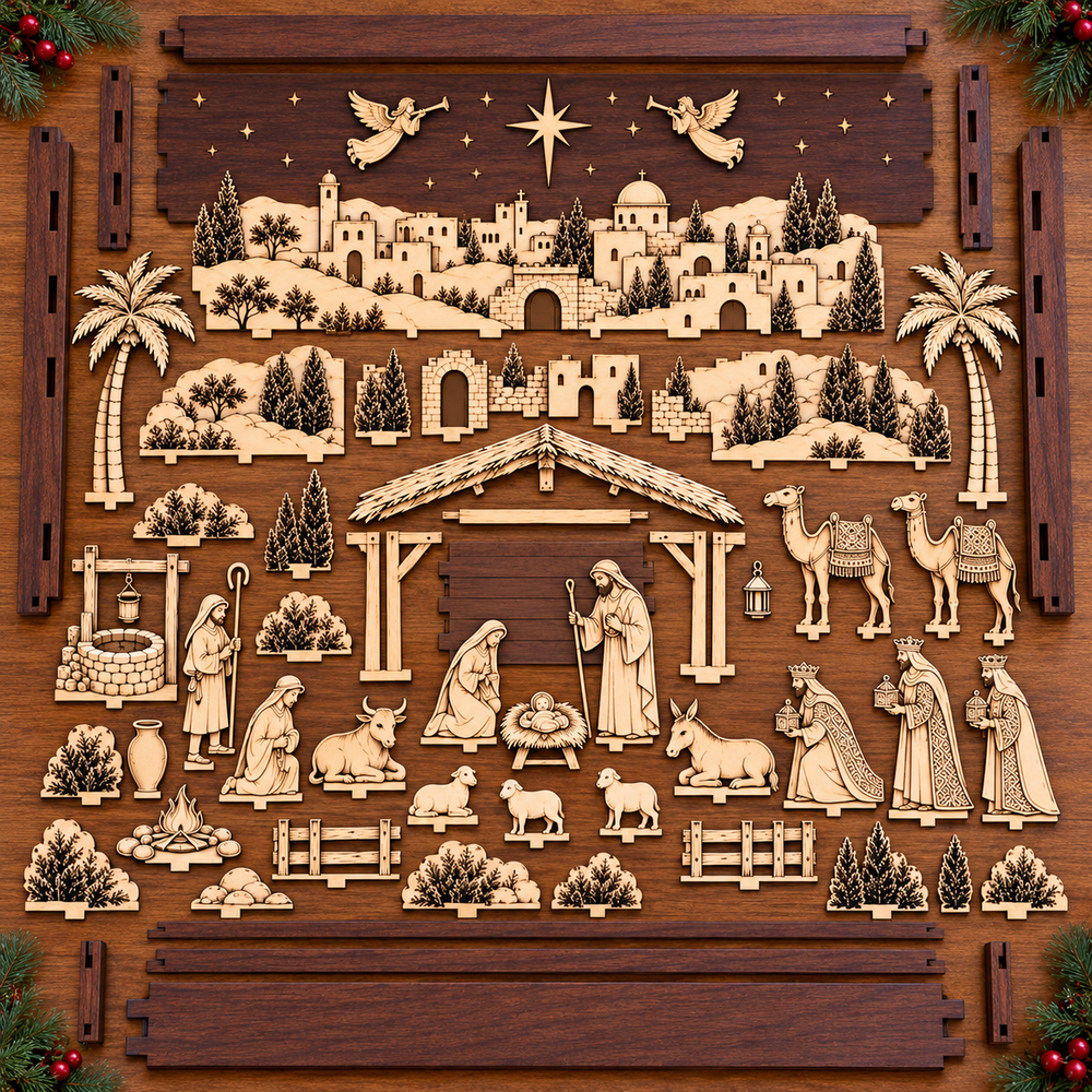 Wooden Nativity components arranged separately before assembly