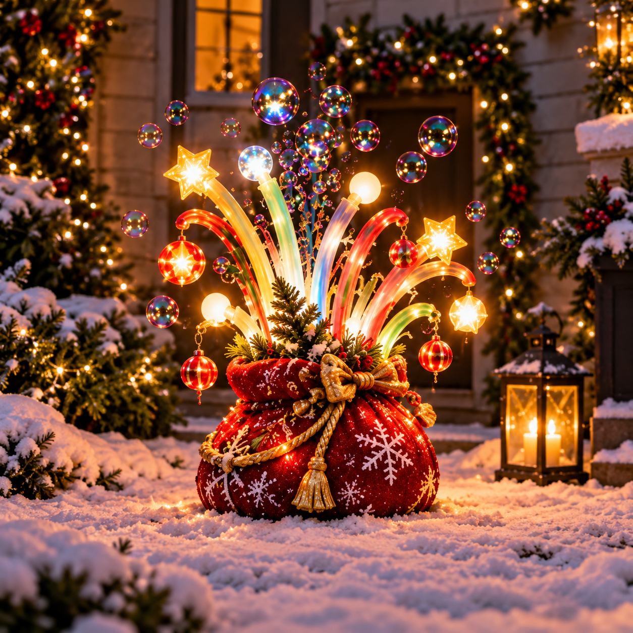 Christmas bubble gift sack glowing in a festive outdoor holiday display