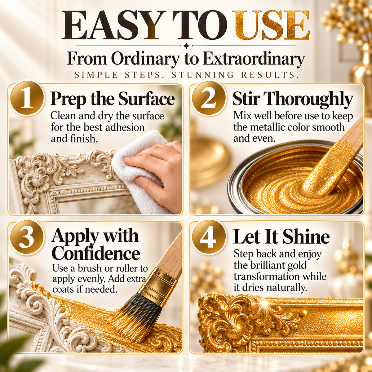 ✨Metallic Gold Finish Paint – Rich Shimmer for Furniture, Décor & DIY Projects