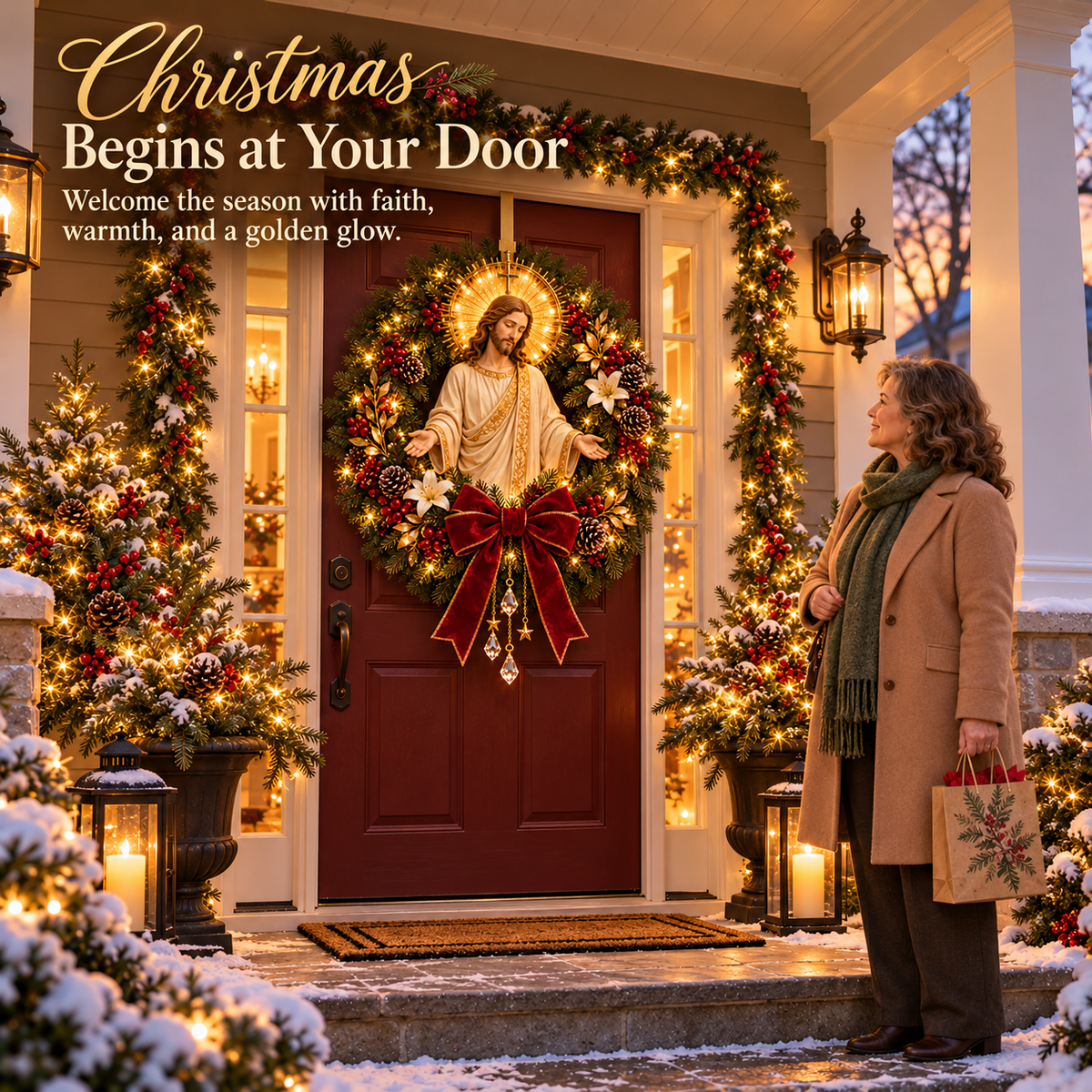 ✝️ Pre-Lit Jesus Christmas Wreath | Warm LED Lights, Golden Halo & Elegant Lilies 🎄
