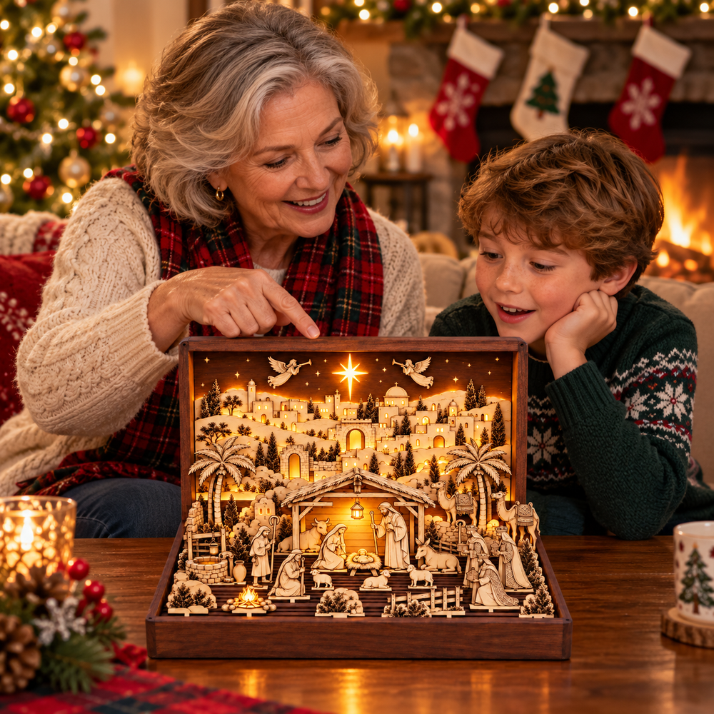 A grandmother sharing the Nativity story with her grandson beside the glowing wooden scene