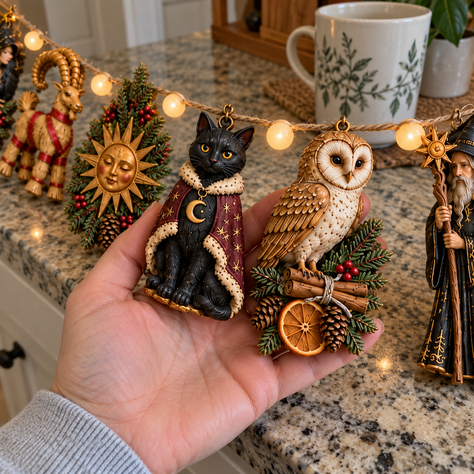 Close-up of the Moon Cat and Woodland Owl ornaments