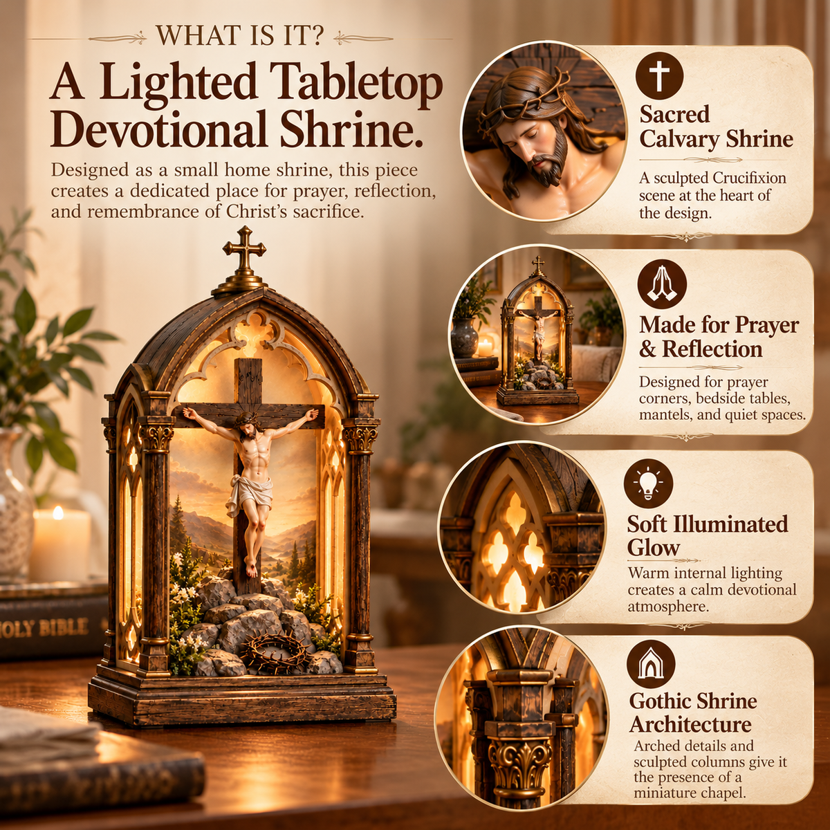 ✝️ Light of Calvary Illuminated Devotional Shrine – Jesus Crucifix Tabletop Prayer Decor
