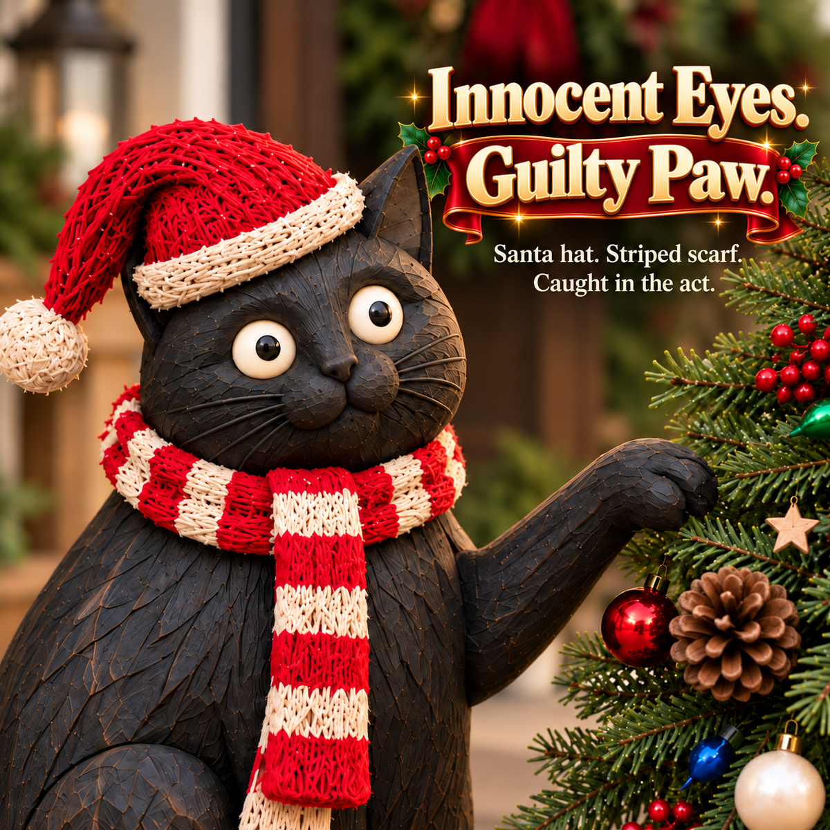 🎄🐈‍⬛ Dear Santa, It Wasn’t Me! – Mischievous Black Cat with Lighted Christmas Tree 🎅✨