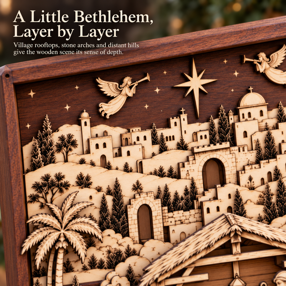 Close view of the layered wooden Bethlehem village and engraved architectural details