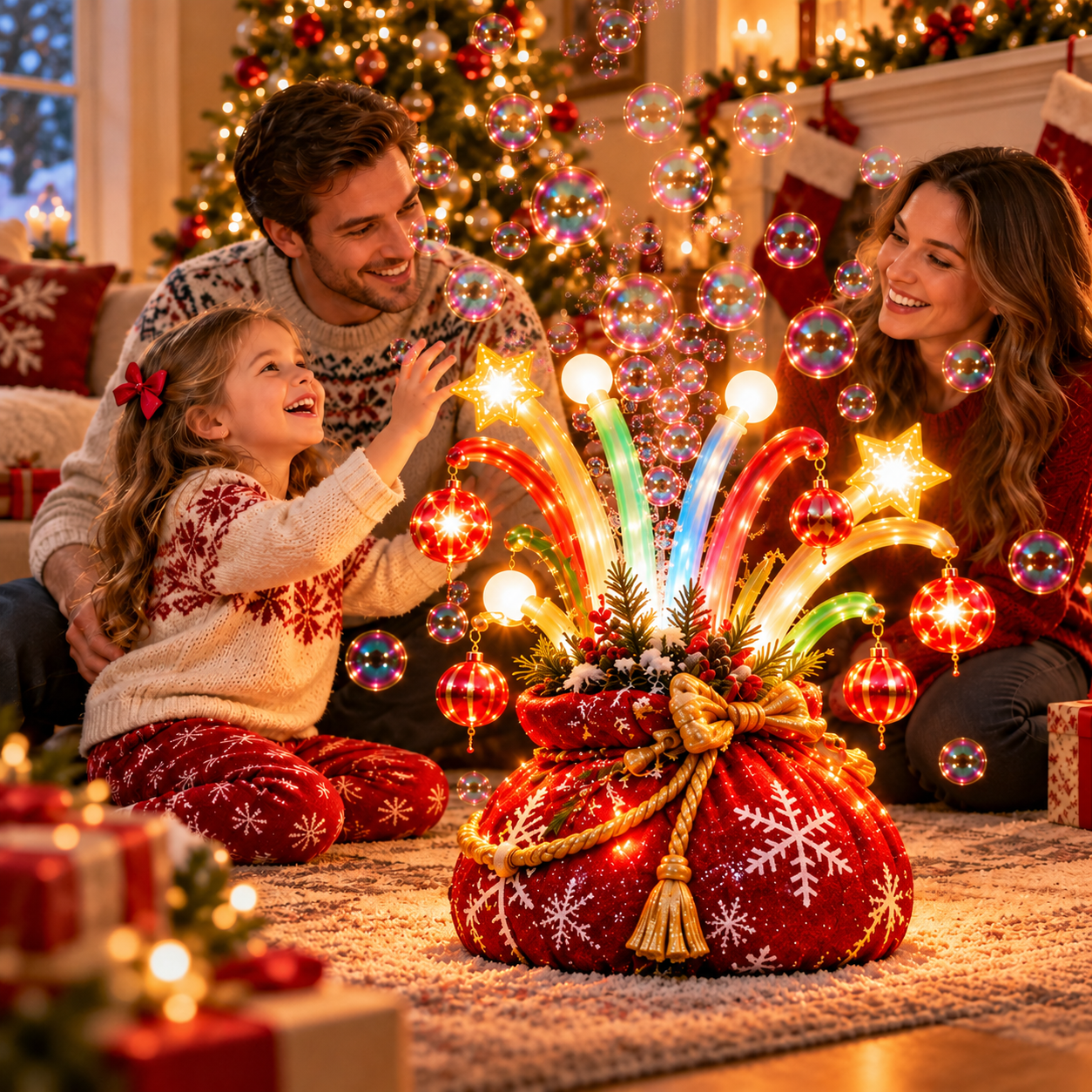 Family sharing a joyful Christmas evening around the glowing bubble gift sack