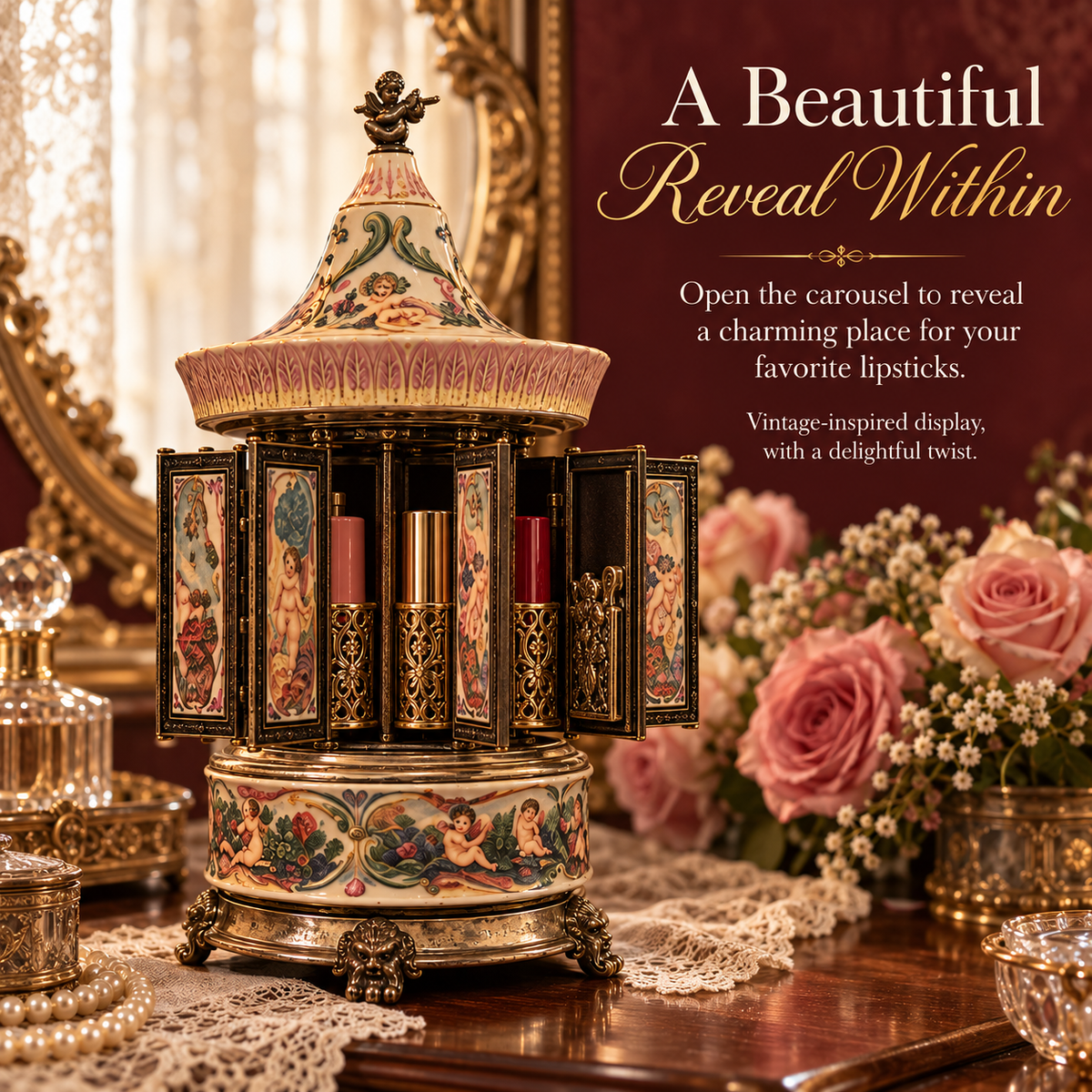 Vintage Lipstick Carousel Music Box