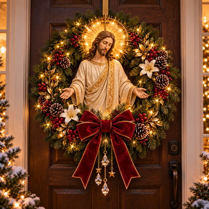 ✝️ Pre-Lit Jesus Christmas Wreath | Warm LED Lights, Golden Halo & Elegant Lilies 🎄