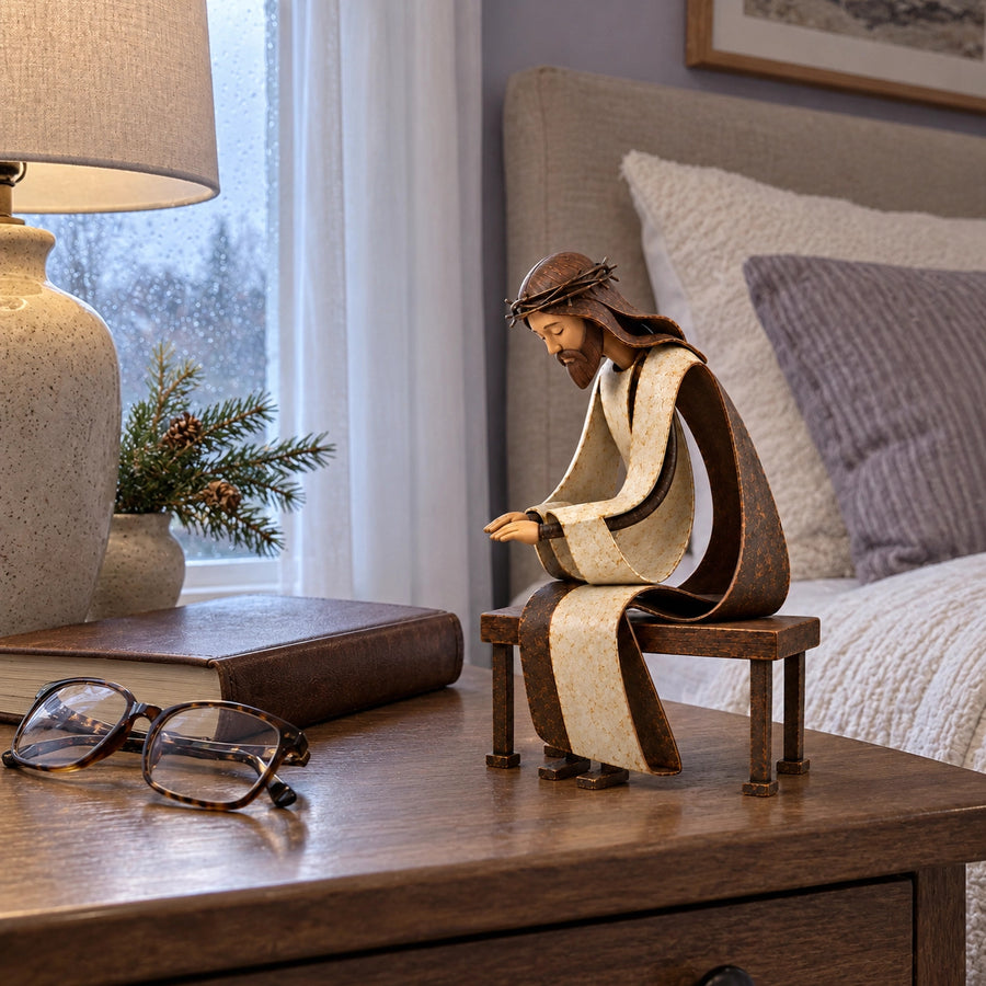 Seated Jesus figurine with attached bench on a wooden side table