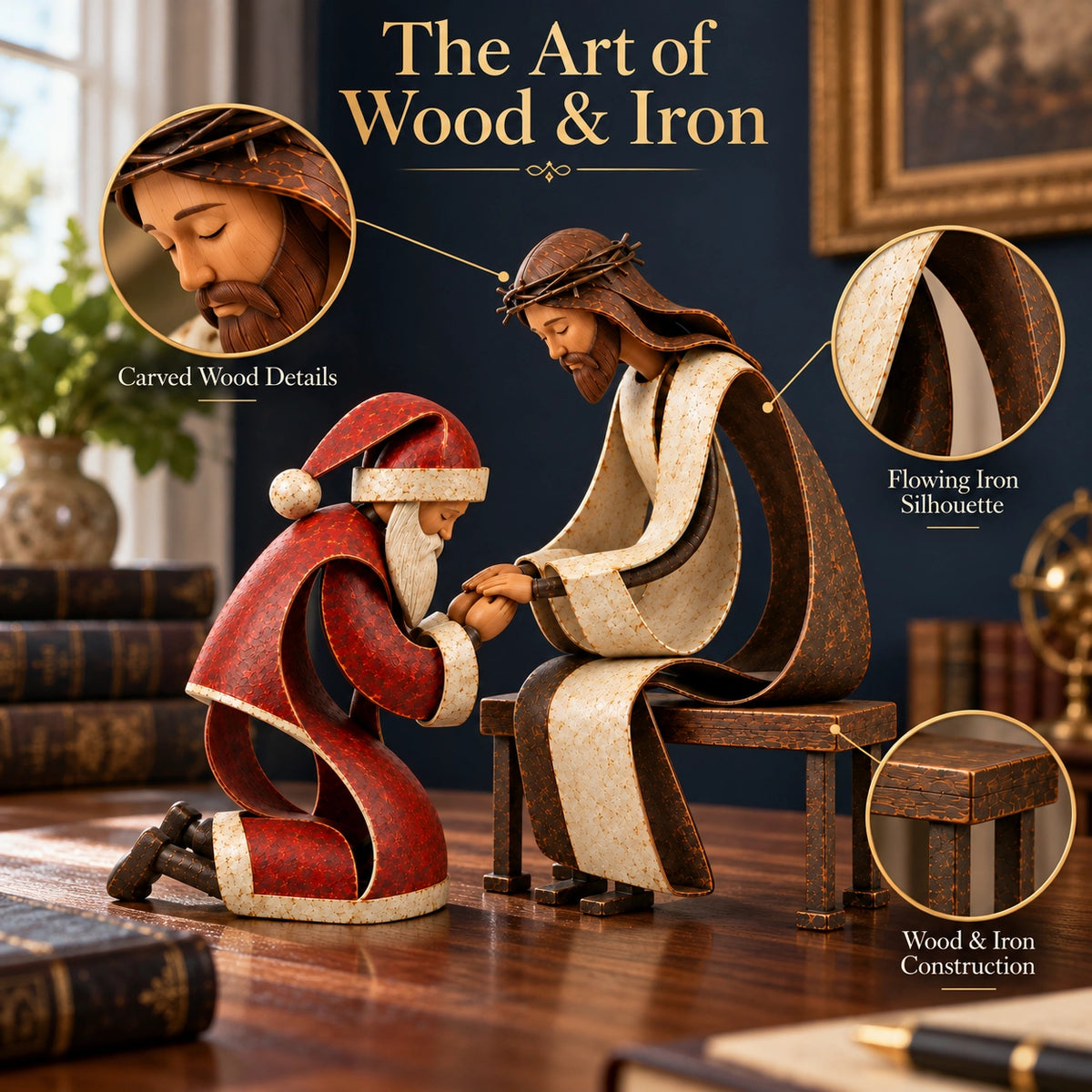 Close-up artwork showing the wooden details and flowing iron forms of the Santa and Jesus figurines
