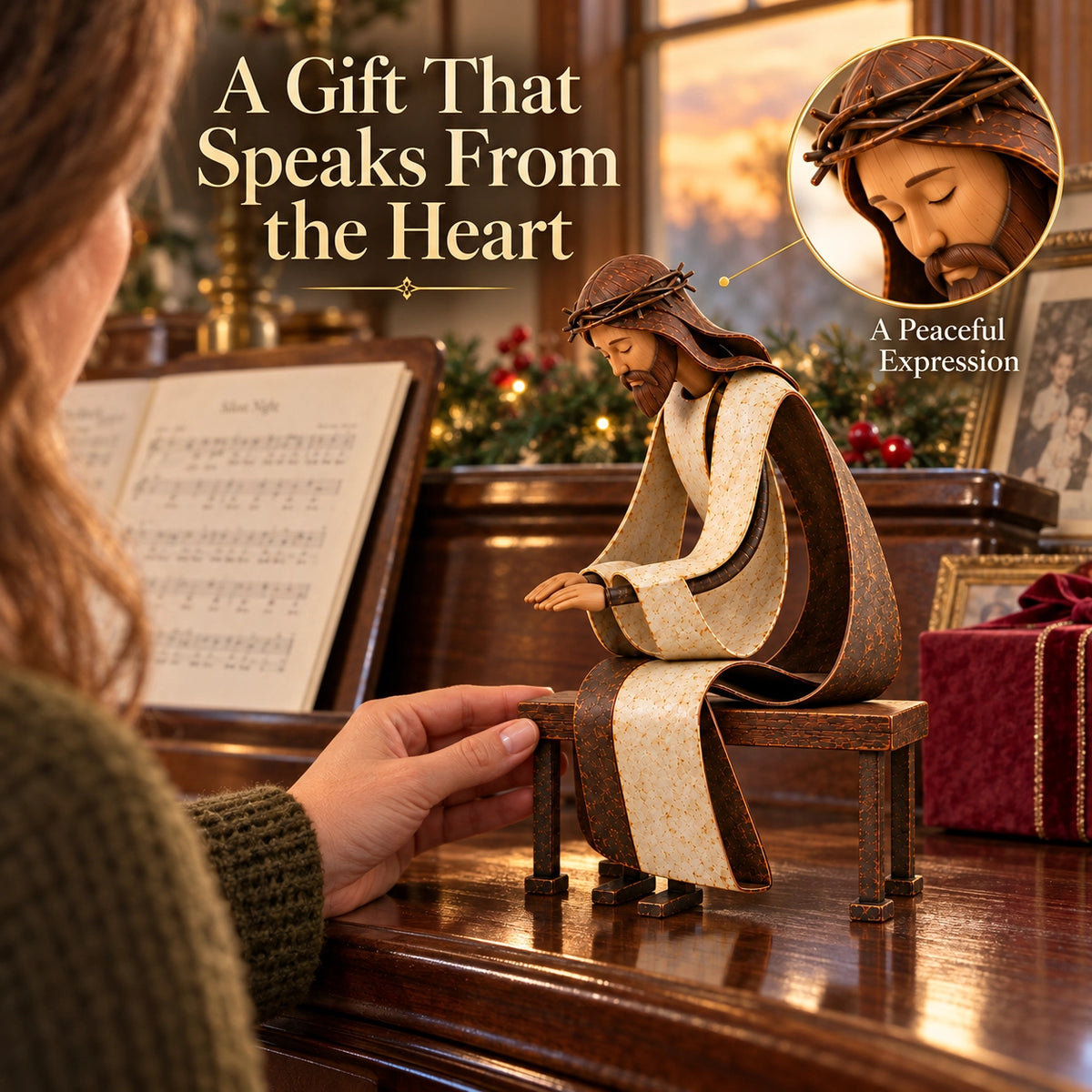 The seated Jesus figurine shown in a warm Christmas setting with a person holding a card