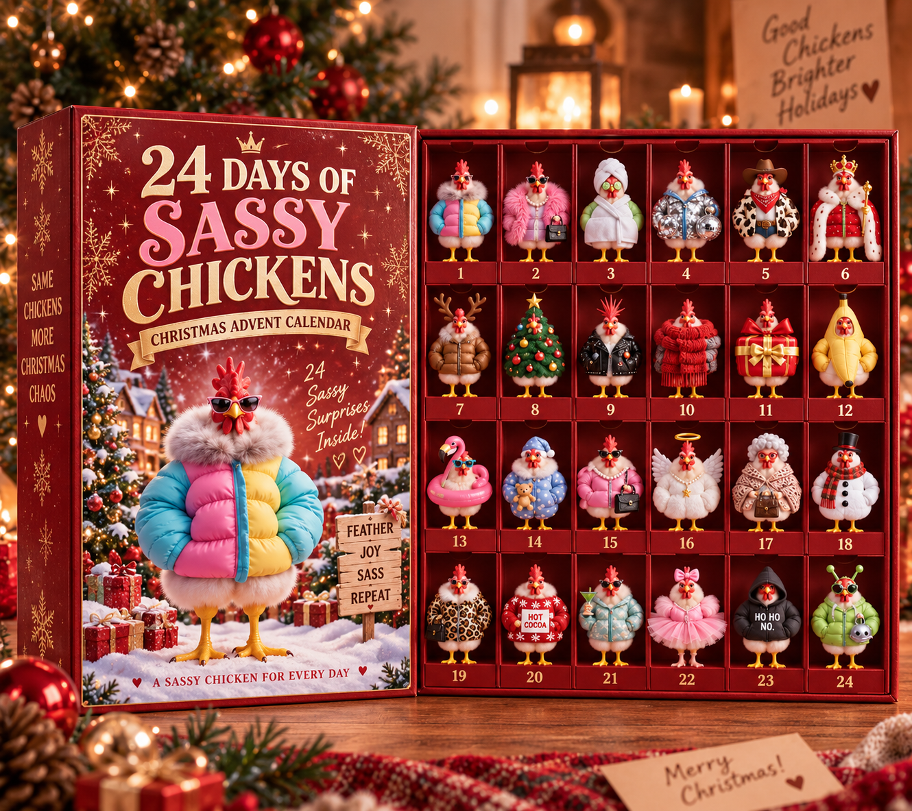 Complete collection of 24 colorful Christmas chicken figurines