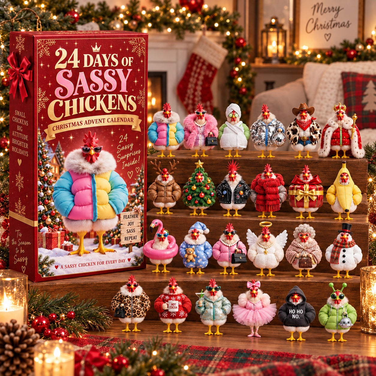 Sassy Clucks Christmas advent calendar and 24 collectible chickens