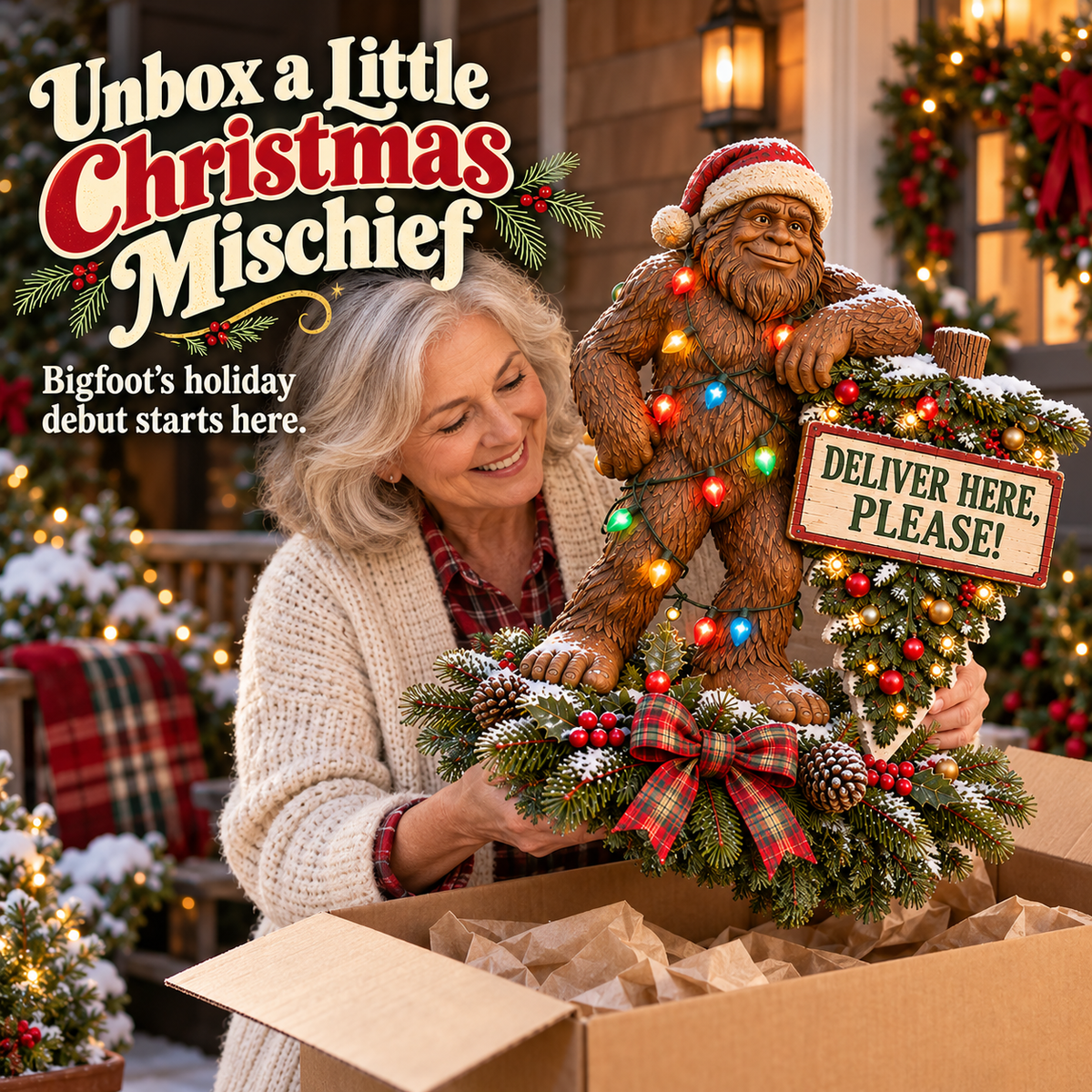 🎄👣 Bigfoot’s Special Delivery – Lighted Christmas Mailbox Topper with Festive Greenery 📫