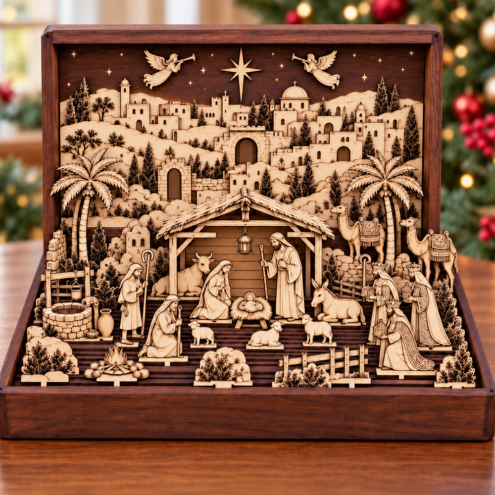 Unlit wooden Nativity puzzle box showing natural wood tones and engraved details