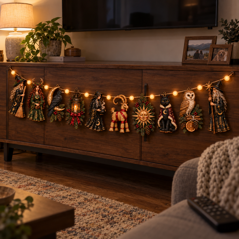 Witch and woodland Yule garland — Living room