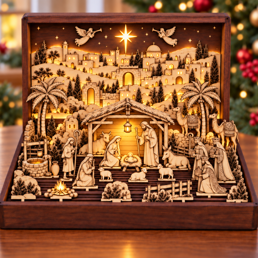 Lighted wooden Nativity box with a glowing star, village windows and manger