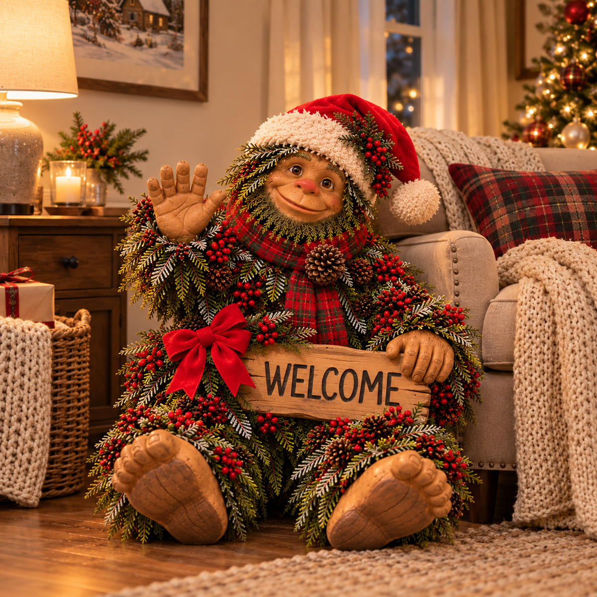 🎄Bigfoot Says Hello!™ – Christmas Evergreen Porch Welcome Decor