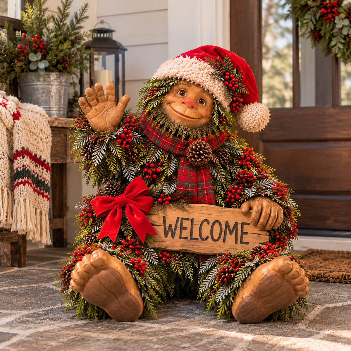 🎄Bigfoot Says Hello!™ – Christmas Evergreen Porch Welcome Decor