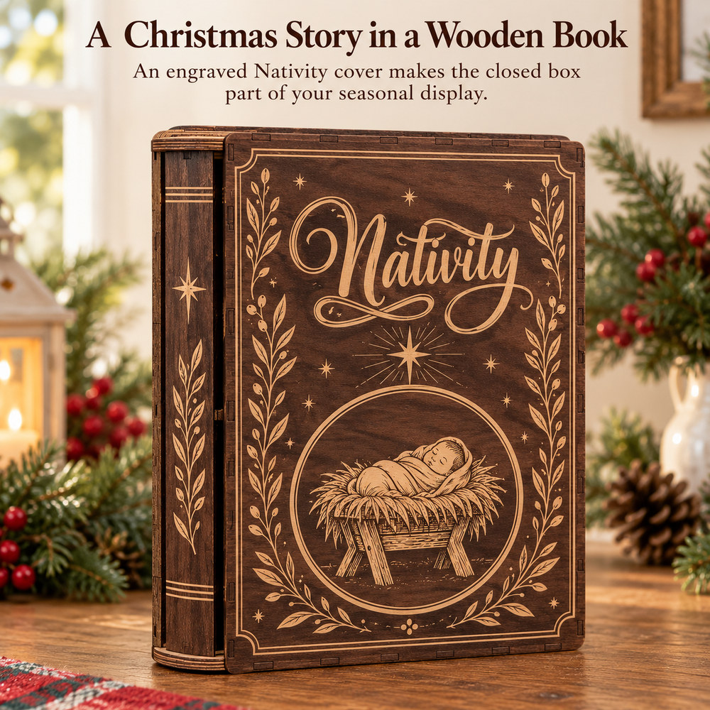 Wooden Nativity storybook puzzle box with its detailed Christmas design