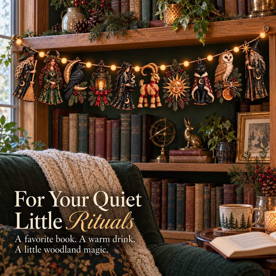 Witch and woodland Yule garland — Reading nook