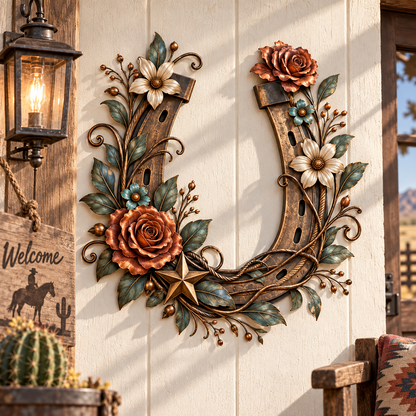 Western Horseshoe Floral Metal Wall Decor
