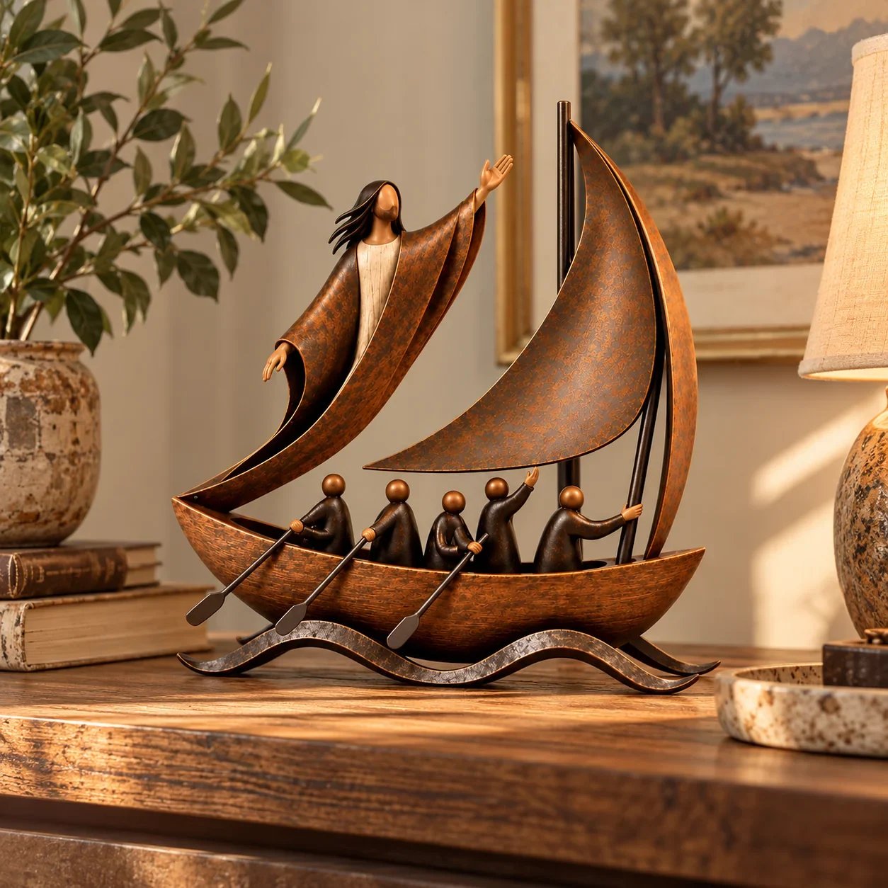 Sailing boat sculpture styled with books and a lamp on an indoor console