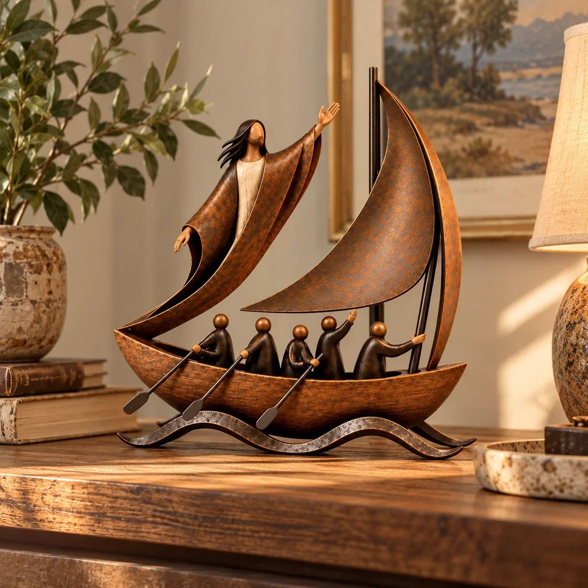 ⛵ Guided by Faith – Sailing Boat Sculpture with a Vintage Bronze-Tone Finish